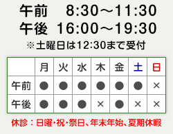 午前 8:30～11:30 / 午後 16:00～19:30 ※土曜日は12：30まで受付、休診：日曜・祝・祭日、年末年始、夏期休暇