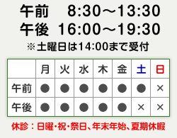 午前 8:30～13:30 / 午後 16:00～19:30 ※土曜日は14：00まで受付、休診：日曜・祝・祭日、年末年始、夏期休暇